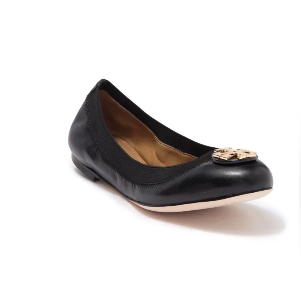 Tory Burch Black Leather Claire Elastic Flat with Gold Emblem never worn